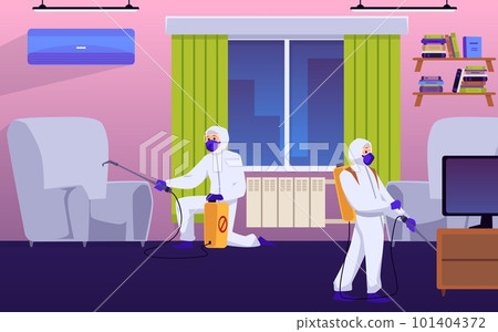 Disinfection workers treat the premises with chemicals flat vector illustration. Disinfection workers treat the premises with chemicals flat vector illustration. 101404372