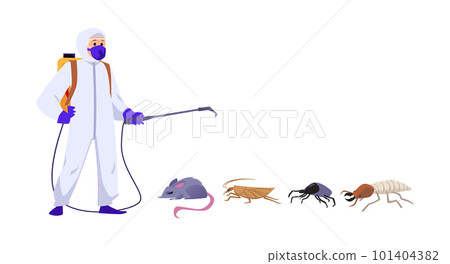 Pest control worker with pests and insects, flat vector illustration isolated. 101404382
