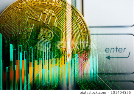 Modern way of exchange. Bitcoin is convenient payment in global economy market. Virtual digital currency and financial investment trade concept. Abstract cryptocurrency with gold bitcoin background.. Modern way of exchange. Bitcoin is convenient payment in global economy market. Virtual digital currency and financial investment trade concept. Abstract cryptocurrency with gold bitcoin background.. 101404556