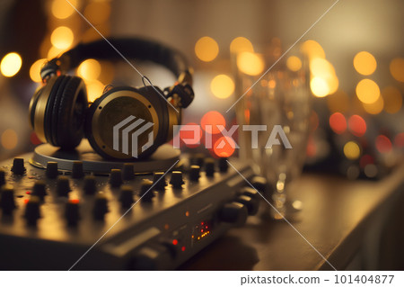 Modern big professional headphones on DJs table at night party. Neural network AI generated art Modern big professional headphones on DJs table at night party. Neural network AI generated art 101404877