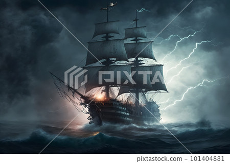 Sailing old ship in storm sea on the background clouds with lightning. Neural network AI generated art 101404881