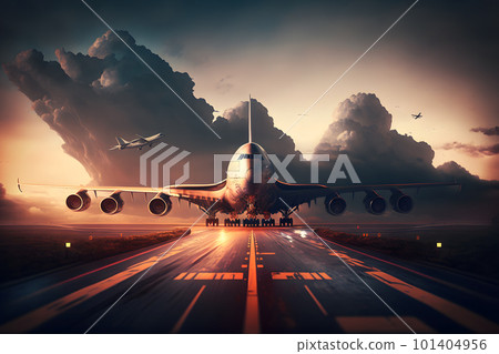 Sunset view of airplane on airport runway under dramatic sky. Neural network AI generated art Sunset view of airplane on airport runway under dramatic sky. Neural network AI generated art 101404956