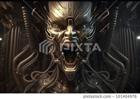 Dark robotic skeleton science fiction screaming robot skull connected to a computer core. Neural network AI generated art 101404976