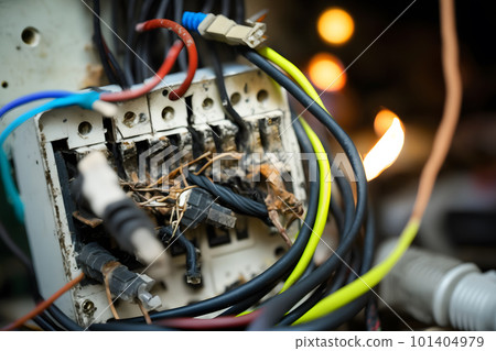 Burning switchboard from overload or short circuit on wall. Circuit breakers on fire and smoke from overheating due to poor connection. Neural network AI generated art 101404979
