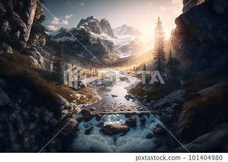 Valley landscape with trees and river in mountains. Neural network AI generated art 101404980