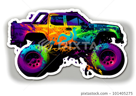 Monster truck sticker with multicolored paint splash. Neural network AI generated art Monster truck sticker with multicolored paint splash. Neural network AI generated art 101405275