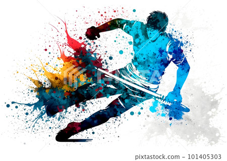 Sportsman playing hockey on watercolor rainbow splash. Neural network AI generated art Sportsman playing hockey on watercolor rainbow splash. Neural network AI generated art 101405303