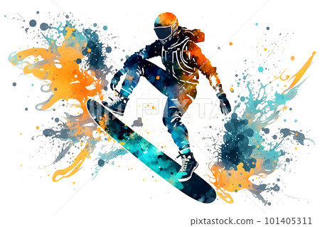 Man snowboarder jump on snowboard with rainbown watercolor splash isolated on white background. Neural network AI generated art Man snowboarder jump on snowboard with rainbown watercolor splash isolated on white background. Neural network AI generated art 101405311