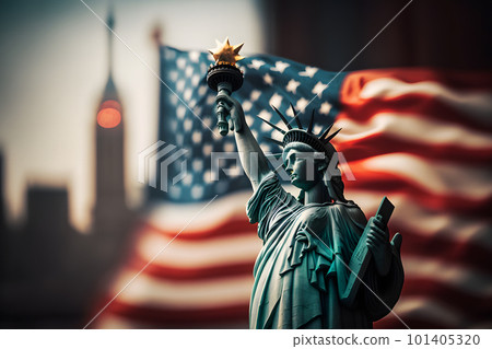 Statue of Liberty on the background of the American flag. Democracy and freedom concept. Neural network AI generated 101405320