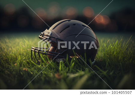 American football helmet on green grass. Neural network AI generated American football helmet on green grass. Neural network AI generated 101405507