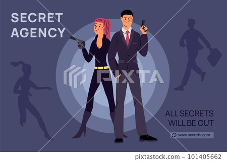 Secret super agents couple poster. Cartoon spies with pistols. Man and woman detectives. Mystery mission. Superspies undercover investigation. Thriller banner. Garish vector concept Secret super agents couple poster. Cartoon spies with pistols. Man and woman detectives. Mystery mission. Superspies undercover investigation. Thriller banner. Garish vector concept 101405662
