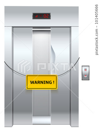 Realistic elevator. Lift repair. Closed failure metal sliding doors with dent. Warning board. Stage panel and buttons. Lobby interior. Fixing maintenance. Vector isolated broken doorway 101405666