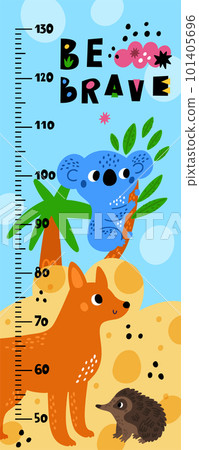 Kids growth ruler with Australian animals. Childish measuring centimeter scale. Funny koala on palm. Dingo and echidna. Wall meter. Children growing measurement. Vector stadiometer design 101405696