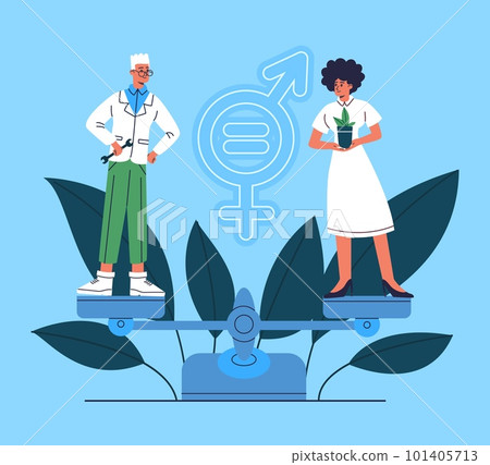 Gender equality. Man and woman on scales. Equivalent roles in society. Feminism and tolerance. Balancing people. Male and female equal rights. Opportunities comparison. Vector concept Gender equality. Man and woman on scales. Equivalent roles in society. Feminism and tolerance. Balancing people. Male and female equal rights. Opportunities comparison. Vector concept 101405713