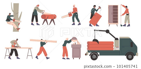 Carpenter characters. Various stages of wood processing. Workers with tools. Lumberjacks chop down trees. People with saws or planes. Wooden workshop. Vector woodworking industry set 101405741