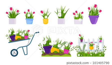 Spring garden. Flower bed, seedlings at the fence. Spring garden. Flower bed, seedlings at the fence. 101405790