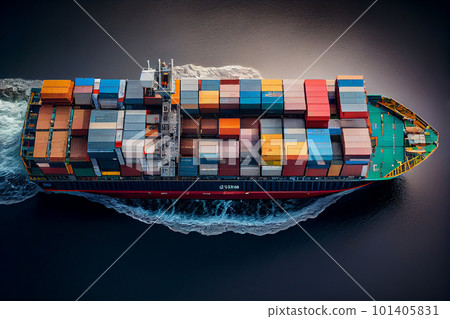 Aerial top view container cargo ship with contrail in the ocean ship carrying container import export business commercial trade logistic and transportation, Generative AI Aerial top view container cargo ship with contrail in the ocean ship carrying container import export business commercial trade logistic and transportation, Generative AI 101405831