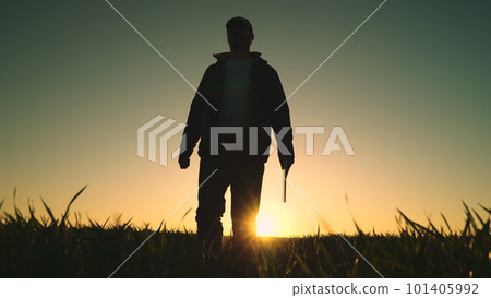 Agriculture. farmer rubber boots walks through green field wheat sunset. farmer work silhouette with digital tablet. smart farm. farmer feet walk boots across field. farming sunset. nature summer Agriculture. farmer rubber boots walks through green field wheat sunset. farmer work silhouette with digital tablet. smart farm. farmer feet walk boots across field. farming sunset. nature summer 101405992
