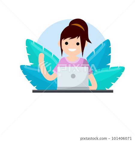 Woman sit at table with laptop. Woman sit at table with laptop. 101406071
