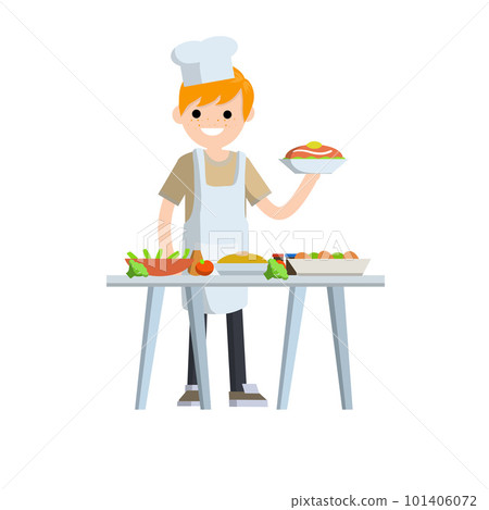 Flat Man cook holding plate of food. Chef and waiter at work Flat Man cook holding plate of food. Chef and waiter at work 101406072