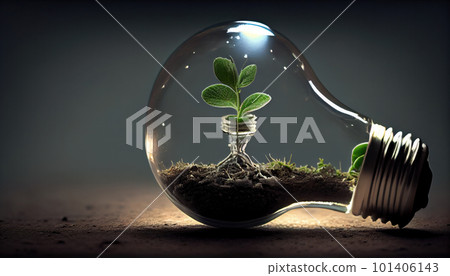 An innovative light bulb growing fresh plants in soil represents the creative idea of sustainable organic energy for health, wellness, and environment concept. Ai Generative 101406143
