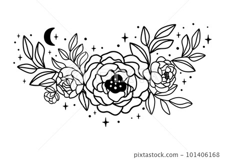 Line art floral bouquets vector. Outline celestial flower with stars, moon decorative graphic element. 101406168