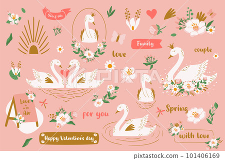 Floral pink swan set with pair of birds in love, phrases, princess, crown, flowers, frames isolated elements in vector 101406169