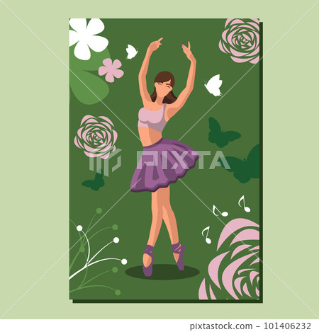 Caucasian white faceless ballet dancer in a purple tutu and pointe shoes dancing on a green poster with flowers and butterflies. Vector illustration in flat style 101406232