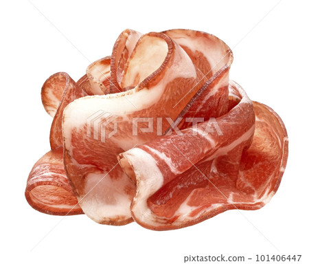 Bacon strips, pork brisket slices isolated on white background Bacon strips, pork brisket slices isolated on white background 101406447