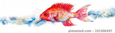one bright colored sea fish, watecolor illustration isolated on white, AI generative image 101406497