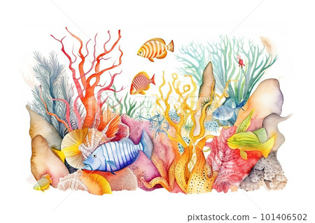 Underwater life somewhere in Red sea, concept watecolor banner illustration isolated on white, AI generative image 101406502