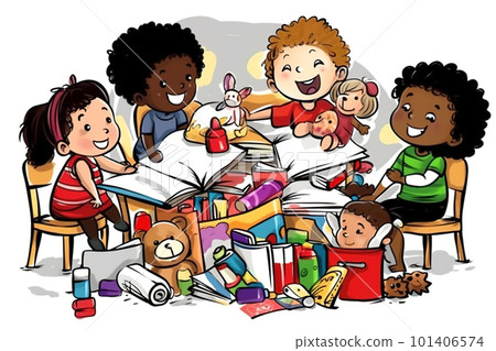 Group of children is playing together. AI generative illustration 101406574