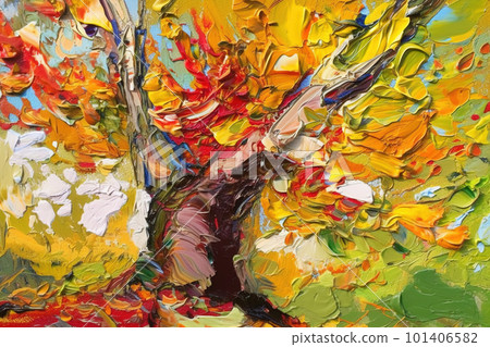 Simple pastose oil painting autumn landscape made with large rough strokes, AI generative image Simple pastose oil painting autumn landscape made with large rough strokes, AI generative image 101406582