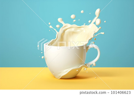 A milk splash in a coffee cup isolated on light yellow, AI generative image 101406623