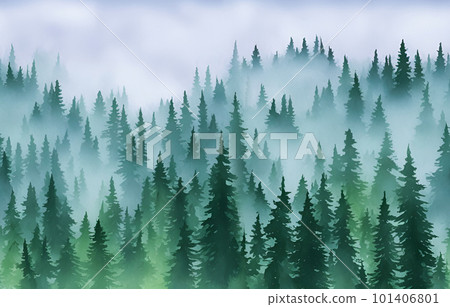 Seamless Coniferous Forest with Fog, You can continue it Horizontally Infinitely 101406801