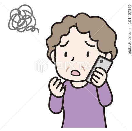 一名使用智能手機遇到麻煩的高級女性的插圖 一名使用智能手機遇到麻煩的高級女性的插圖 101407556