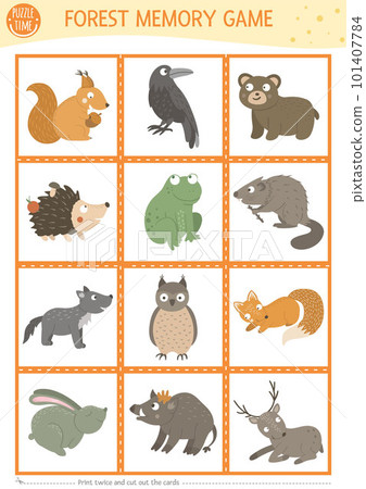 Vector forest animals and birds memory game cards with squirrel, raven, bear. Woodland matching activity. Remember and find correct card. Simple printable worksheet for kids with fox, wolf Vector forest animals and birds memory game cards with squirrel, raven, bear. Woodland matching activity. Remember and find correct card. Simple printable worksheet for kids with fox, wolf 101407784