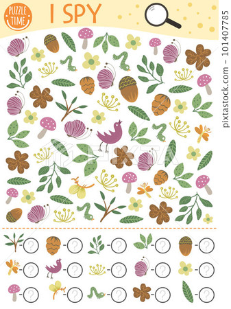 Nature I spy game for kids. Searching and counting activity for preschool children with insects, plants, flowers. Funny forest printable worksheet for kids. Simple woodland spotting puzzle. Nature I spy game for kids. Searching and counting activity for preschool children with insects, plants, flowers. Funny forest printable worksheet for kids. Simple woodland spotting puzzle. 101407785