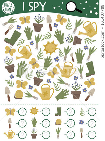 Garden I spy game for kids. Searching and counting activity for preschool children with tools, baby plants. Funny spring printable worksheet for kids. Simple spotting puzzle. 101407789