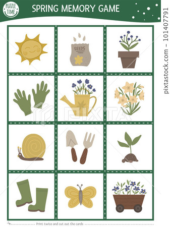Vector spring garden memory game cards with cute tools, baby plants. Farm matching activity. Remember and find correct card. Simple printable worksheet for kids with flowers 101407791