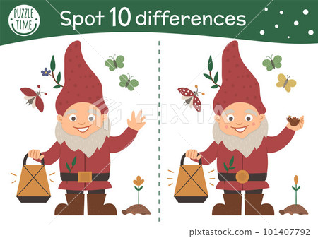 Spring find differences game for children. Garden preschool activity with gnome, baby plants and insects. Attention skills puzzle with cute funny dwarf. 101407792