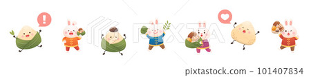 Cute mascots of Rabbit and Dragon Boat Festival Zongzi, happy to celebrate Chinese festival 101407834