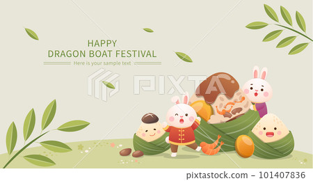 Chinese dragon boat festival, poster with cute rabbit and zongzi mascot 101407836
