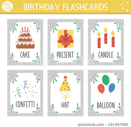 Vector Happy Birthday flash cards set. English language game with cute candle, balloons, cake for kids. Holiday party flashcards. Simple educational printable worksheet. 101407890