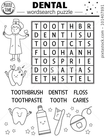 Vector black and white dental wordsearch puzzle for kids. Simple tooth care crossword with dentist, floss, toothbrush, toothpaste. Educational mouth hygiene keyword activity 101407891
