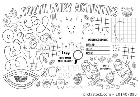 Vector Tooth Fairy placemat for kids. Mouth care printable activity mat with maze, tic tac toe charts, connect the dots, find difference. Black and white dental play mat or coloring page 101407896