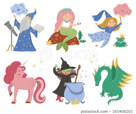 Fairy tale characters collection. Vector set of fantasy witch, unicorn, dragon, fairy, magician, mermaid, frog prince. Medieval fairytale castle pack. Cartoon magic icons for kids. 101408201