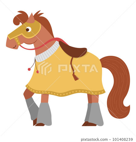 Fairy tale knight horse with blanket and saddle. Fantasy armored warrior animal isolated on white background. Fairytale cartoon icon with medieval character. 101408239