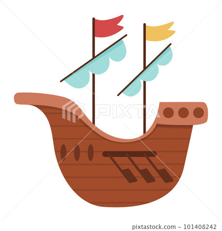 Vector medieval ship with paddles and sails. Fairytale boat icon isolated on white background. Historical vessel. Fairy tale water transport illustration 101408242