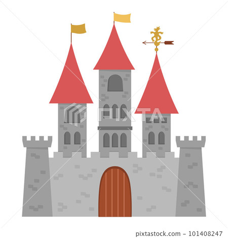 Vector castle icon isolated on white background. Medieval stone palace with towers, flags, gates. Fairy tale king house illustration Vector castle icon isolated on white background. Medieval stone palace with towers, flags, gates. Fairy tale king house illustration 101408247